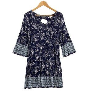 SKIES ARE BLUE Dress Womens Medium‎ Blue Rayon Floral Print Crochet Cut-out